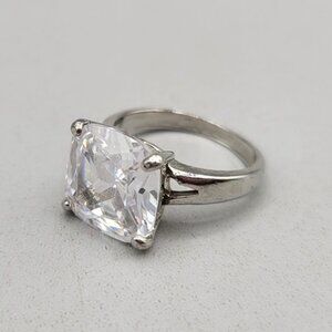 Silver Tone Cushion Cut Clear Glass Solitaire Ring Size 6.5